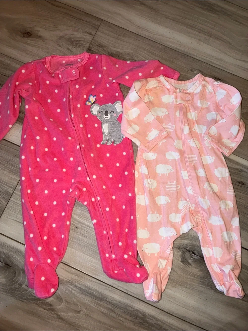 🩵 Cozy Pink Polka Dot Koala & Sheep Footed Baby One-Pieces 3 M